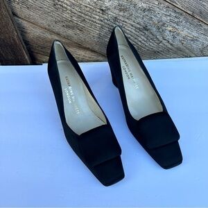 Vintage Black Satin Square Toe Block Heel 1920s Look KATHARINE HAMNETT LONDON